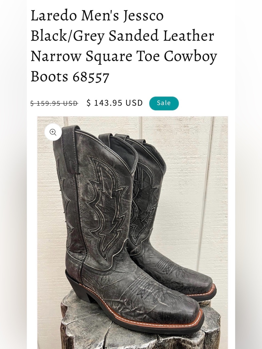 Laredo Men's Jessco Leather Square Toe Cowboy Boots - Sanded Black - 68557 Sz 9D - Picture 11 of 14